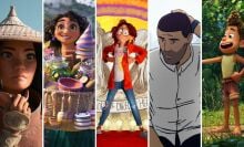 Five stills from animated movies: closeup of a young woman, a young woman holding fireworks, a young woman with her hands on her hips in front of a vibrant background, a man rubbing the back of his head, a young boy holding out a thumbs up