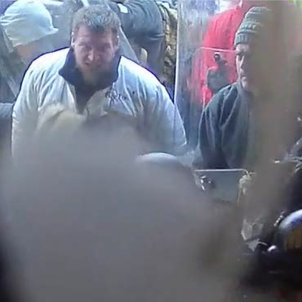 In this image from U.S. Capitol Police security video, released and annotated by the Justice Department in the Statement of Facts supporting an arrest warrant, Kyle Fitzsimons appears near a door to the U.S. Capitol on Jan. 6, 2021, in Washington. Fitzsimons was sentenced Thursday, July 13, 2023, to more than seven years in prison for hurling a bow like a spear at police and attacking several other officers on Jan. 6. (Justice Department via AP)
