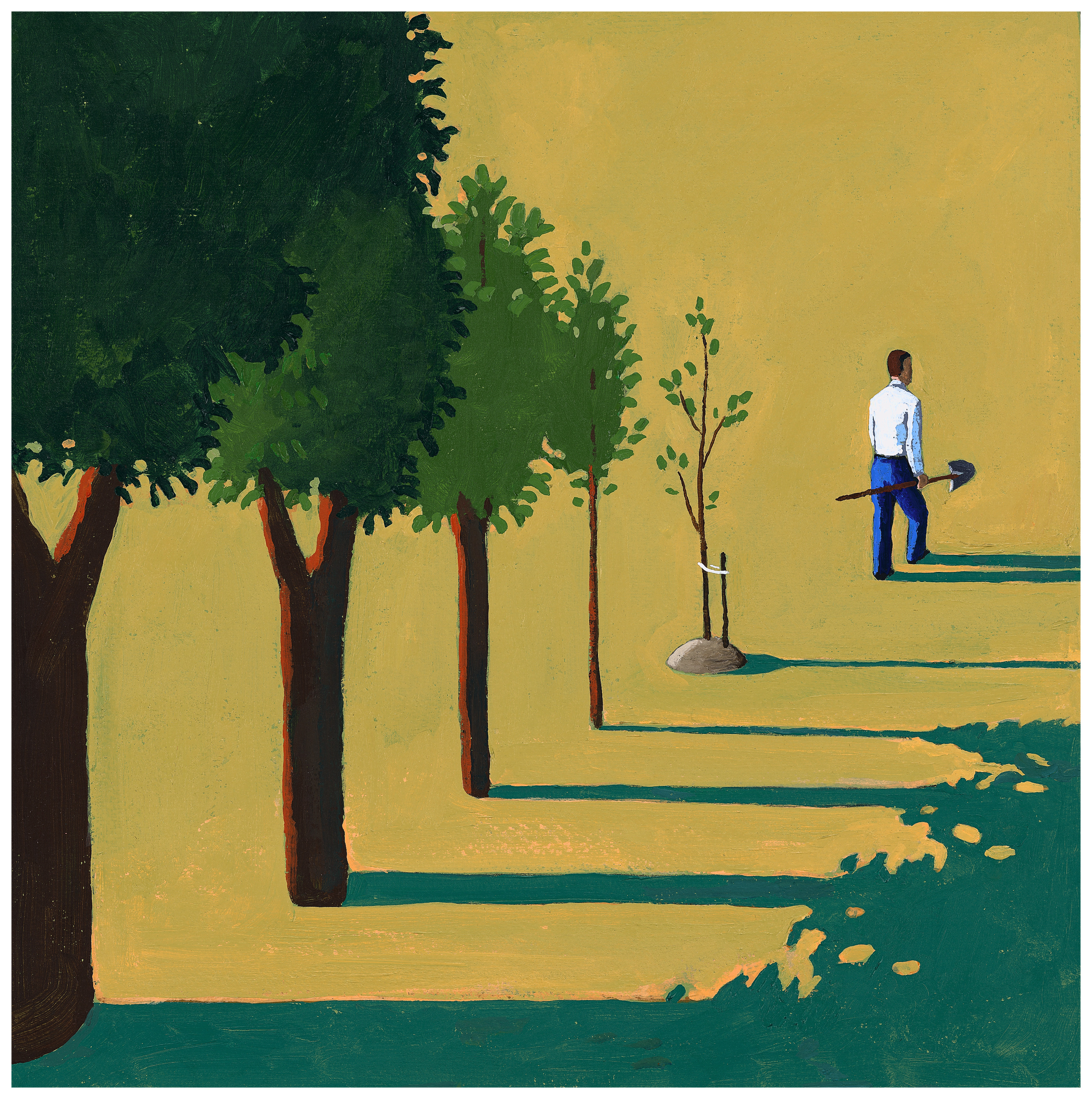 A drawing of a person holding a shovel and walking away from a row of recently planted trees.