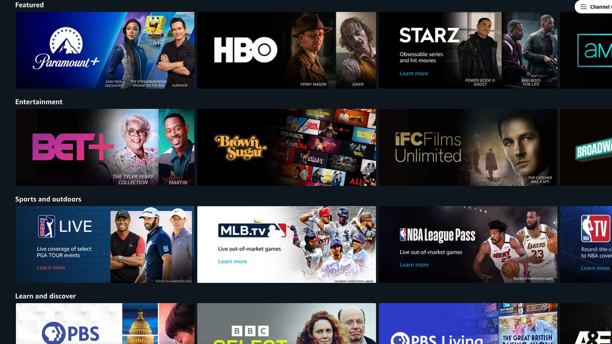 Amazon Prime Video channel selection screen