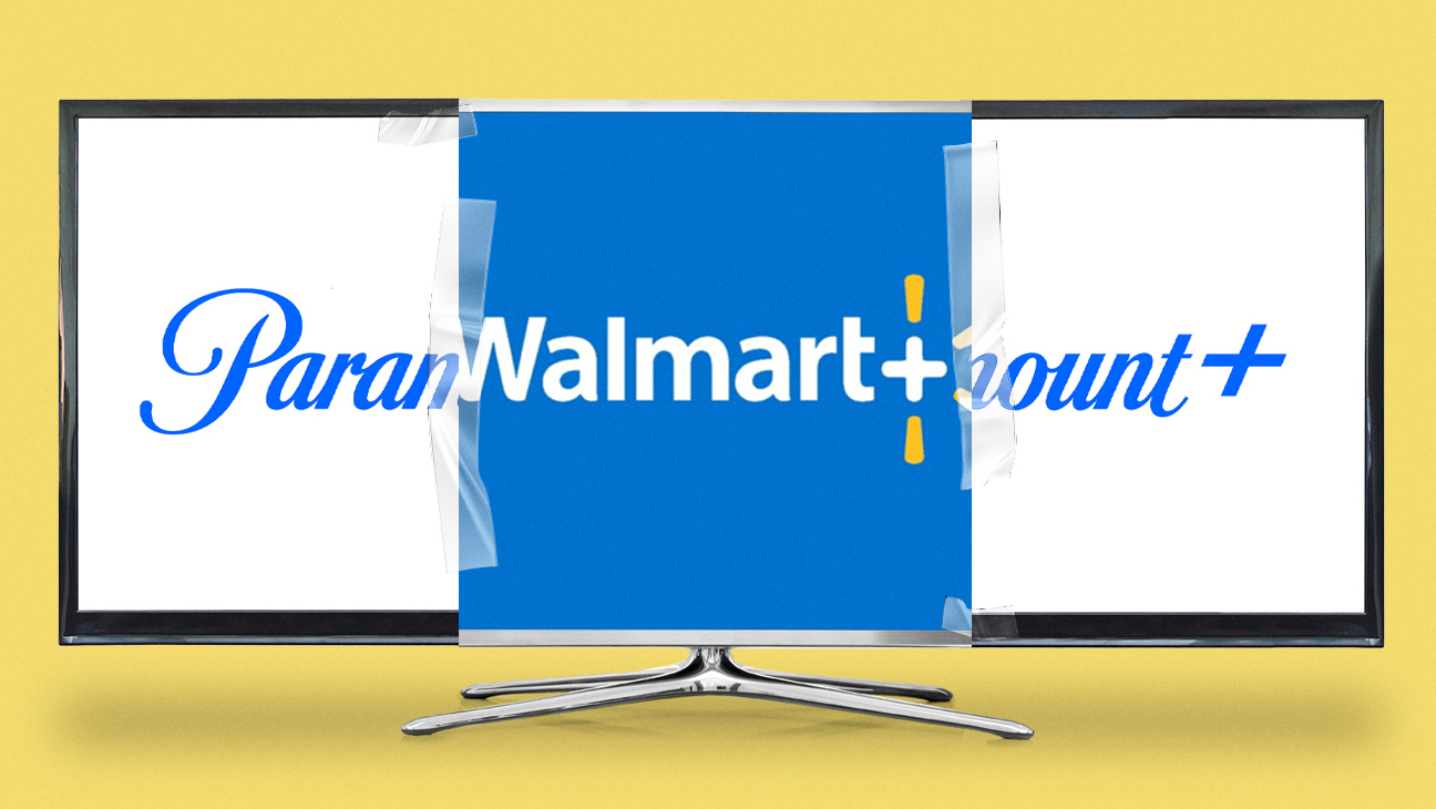 extra wide TV with Paramount+ and Walmart+ logos on screen