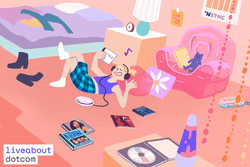 A girl lounging on a beanbag chair listening to music, surrounded by albums from the 1990s