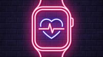 Smartwatch with health app. Glowing neon icon on brick wall background