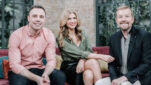 <p>Tommy Bowe, Muireann O'Connell and Alan Hughes, presenters of Virgin Media's Ireland AM. Picture: Nina Val</p>