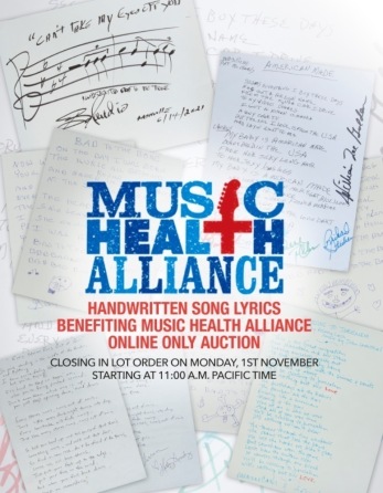 Handwritten Song Lyrics benefitting Music Health Alliance Online Only Auction